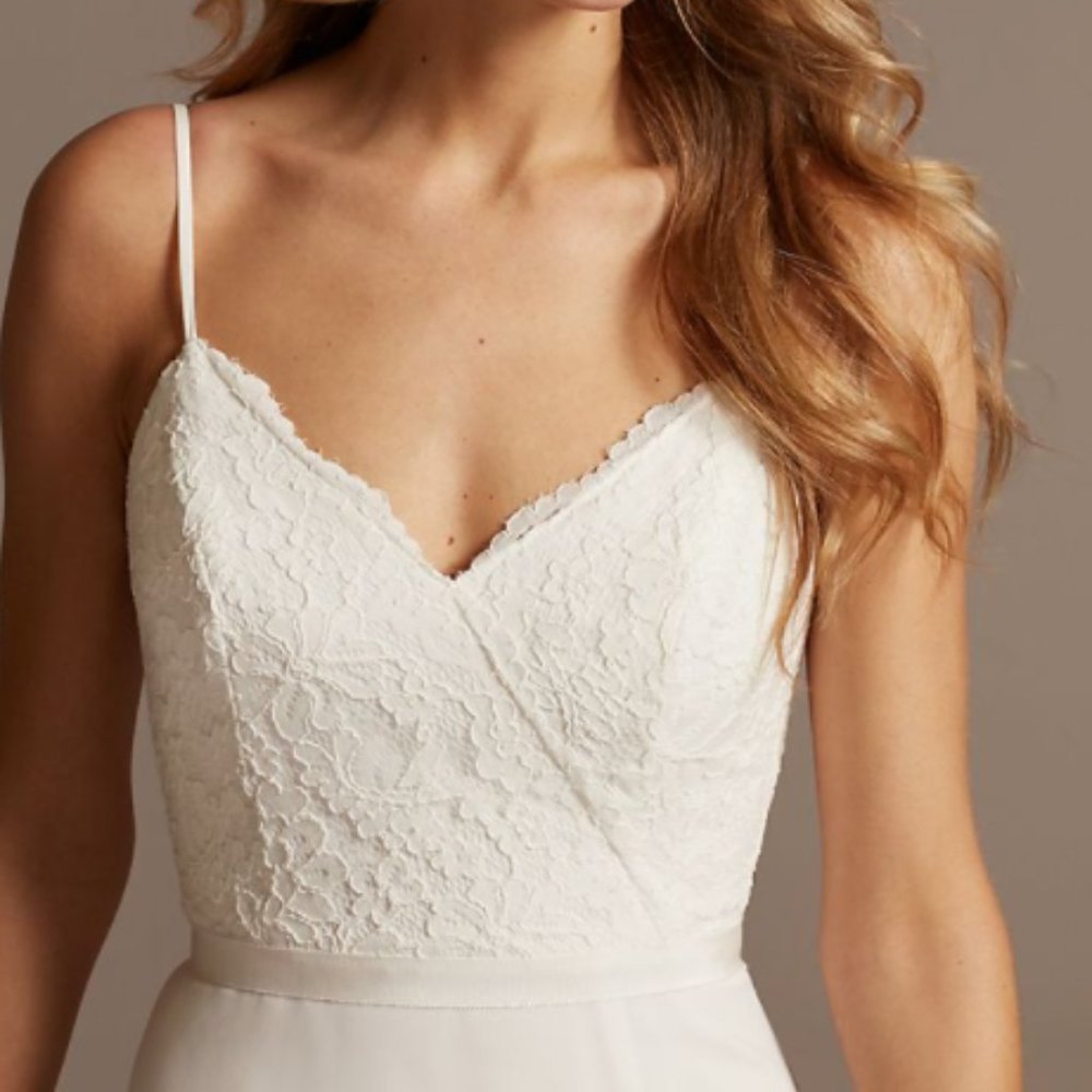 Scalloped V-Neck Corded Lace Bodice A-Line Dress